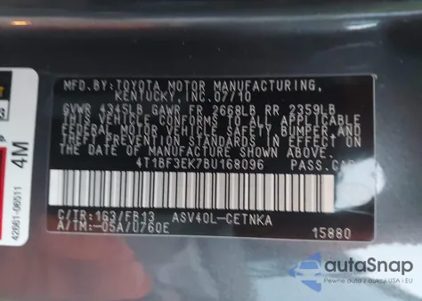 2011 Toyota Camry Le from USA, damaged, VIN 4T1BF3EK7BU168096